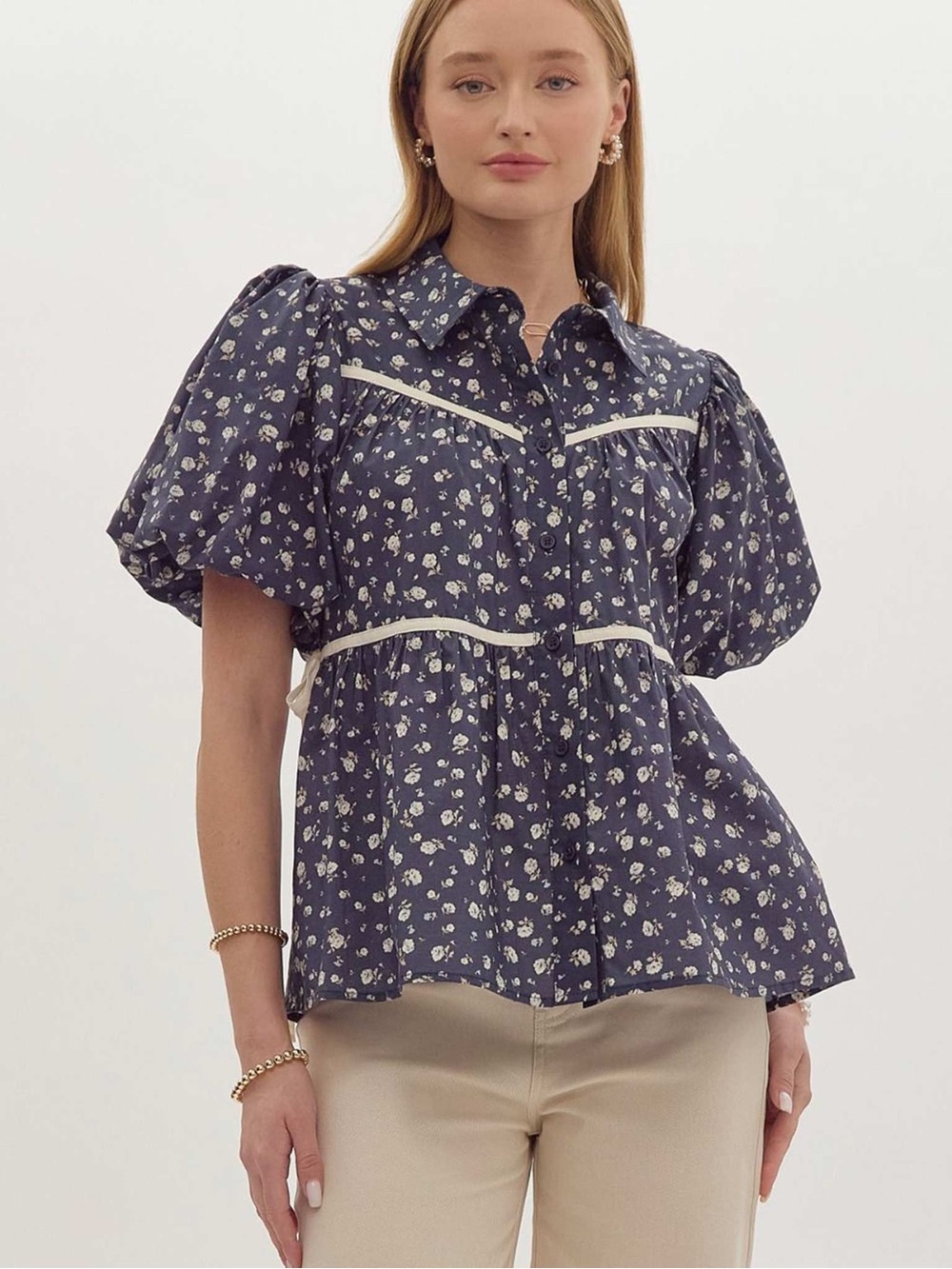 New entro Navy Floral Puff-Sleeve Button-Down Top Women’s Large cottagecore
